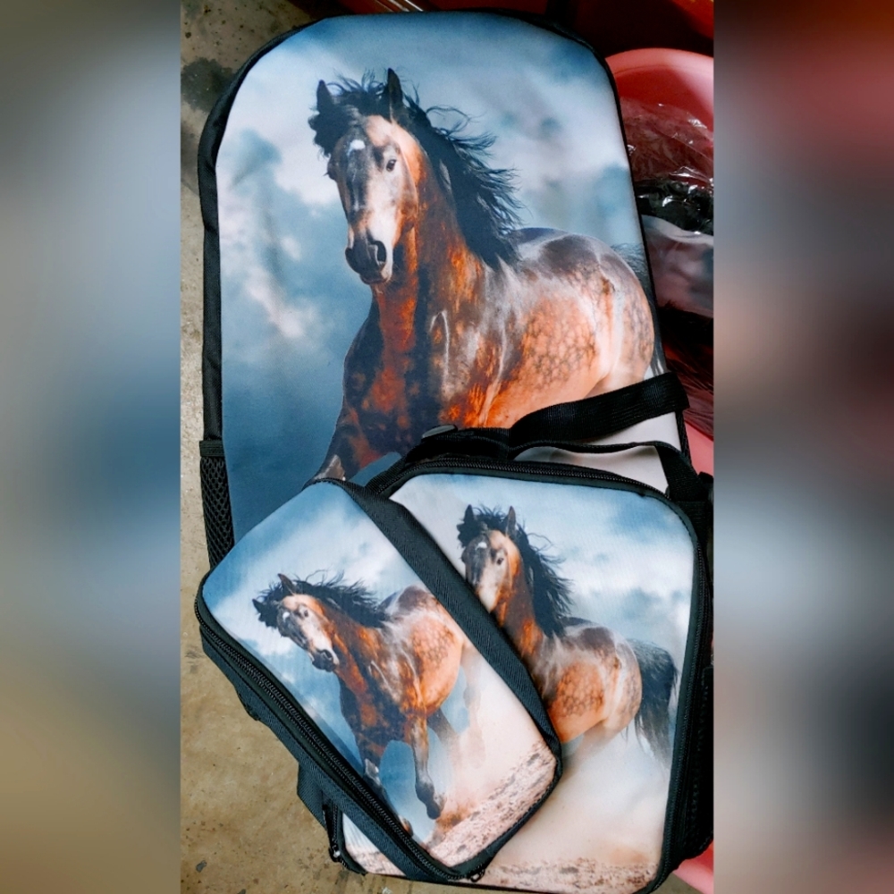Bookbag, meal bag and pencil holder -with horses on them